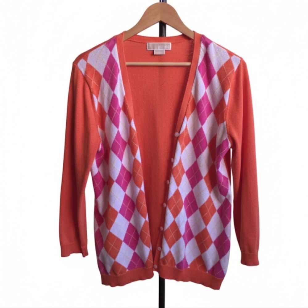 Michael Kors Argyle Orange & Pink Knit Cardigan Sweater 100% Cotton Cozy Soft XL